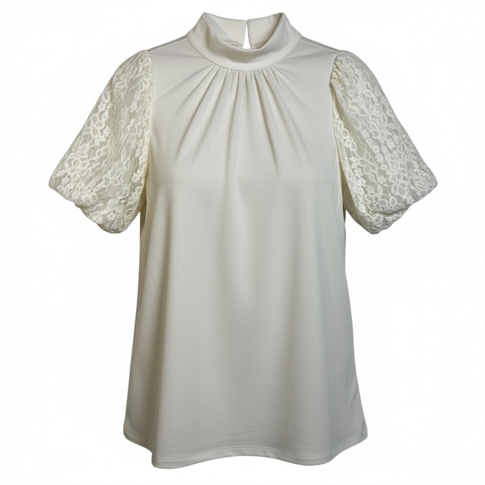 Cable & Gauge Mock Neck Lace Sleeve Blouse Cream Size S Regency Cottagecore Boho